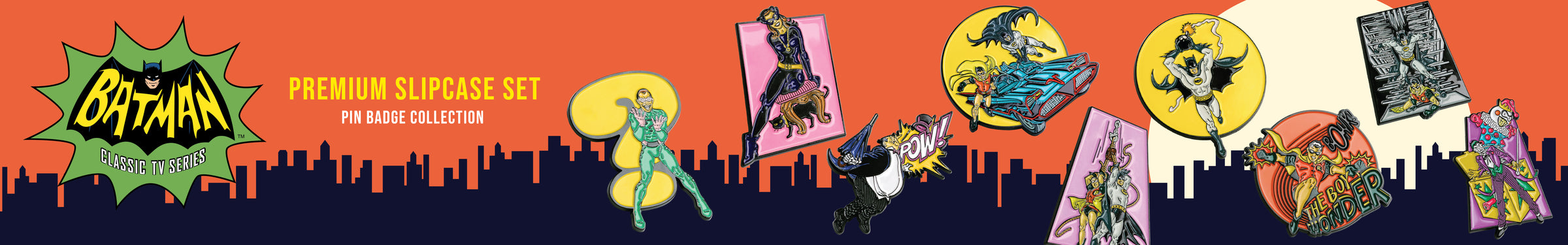 Batman '66 premium slipcase set homepage banner showing 9 enamel pin badges including Batman, Robin, the Joker, Catwoman, the Penguin and the Riddler against an orange Gotham skyline