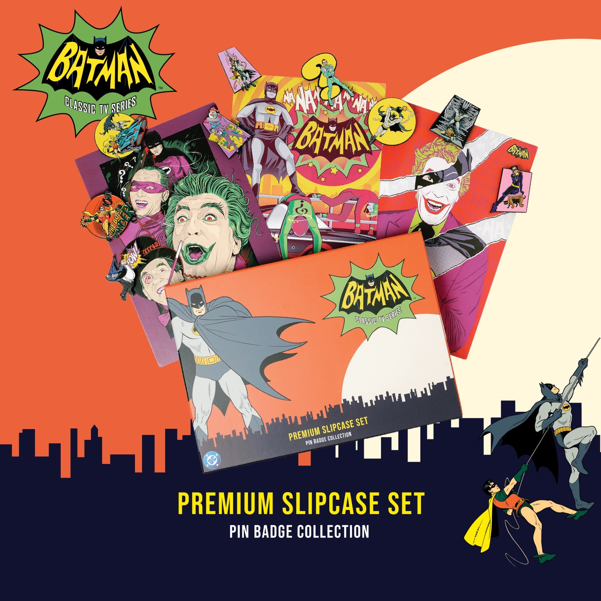 Batman '66 premium slipcase set homepage banner showing 9 enamel pin badges including Batman, Robin, the Joker, Catwoman, the Penguin and the Riddler against an orange Gotham skyline
