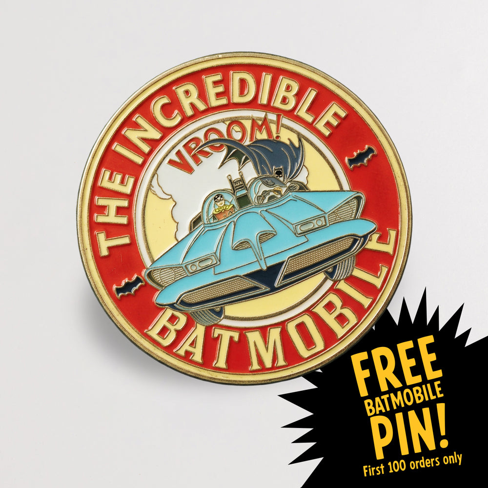 Free Batmobile pin badge included with the first 100 Batman '66 box set pre-orders