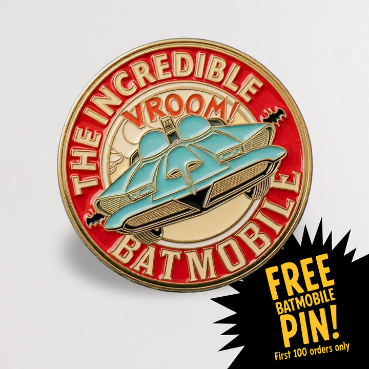 Free Batmobile pin badge included with the first 100 Batman &