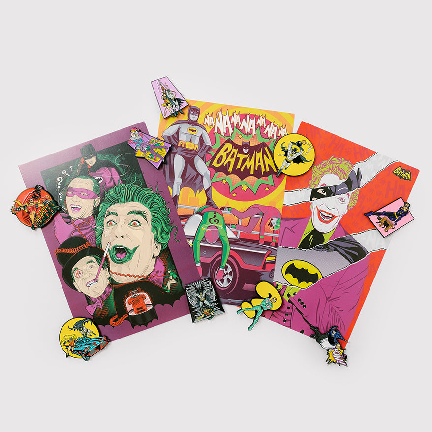 Batman '66 enamel pin badges displayed on 3 glossy art cards