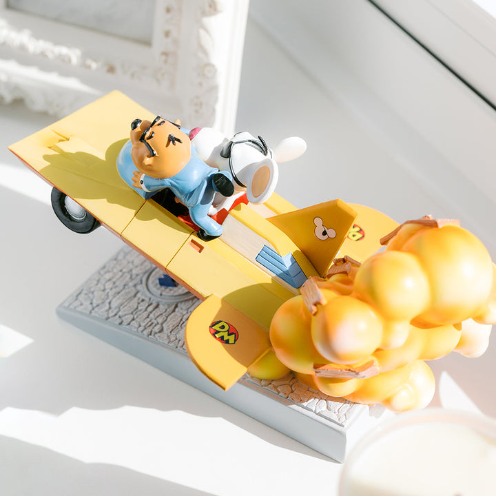 Danger Mouse Mark III and Penfold statue, rear angle showing the winged car and exhaust cloud detail