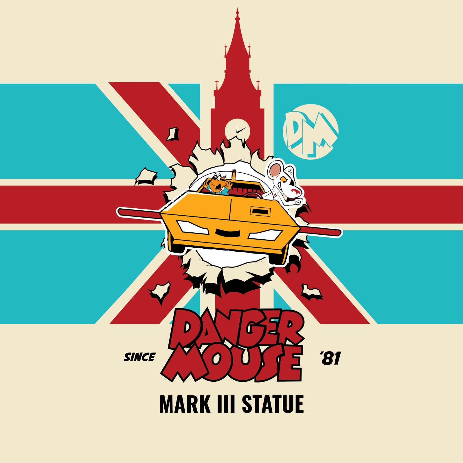 Danger Mouse Mark III statue banner with the Mark III car bursting through a Union Jack background