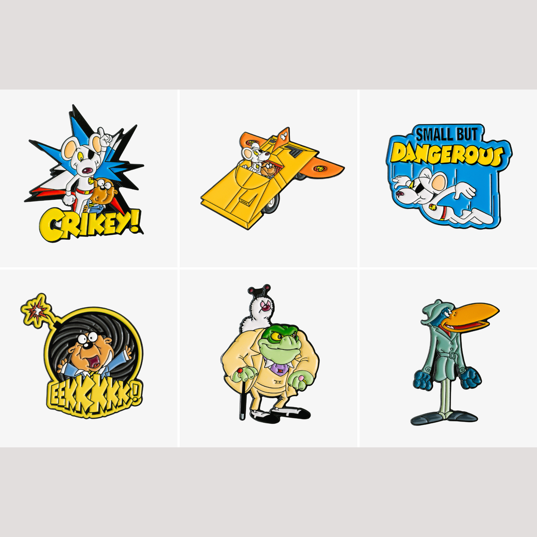 All 6 Danger Mouse enamel pin badges including Danger Mouse, Penfold, the Mark III, Baron Greenback and Stiletto Mafiosa