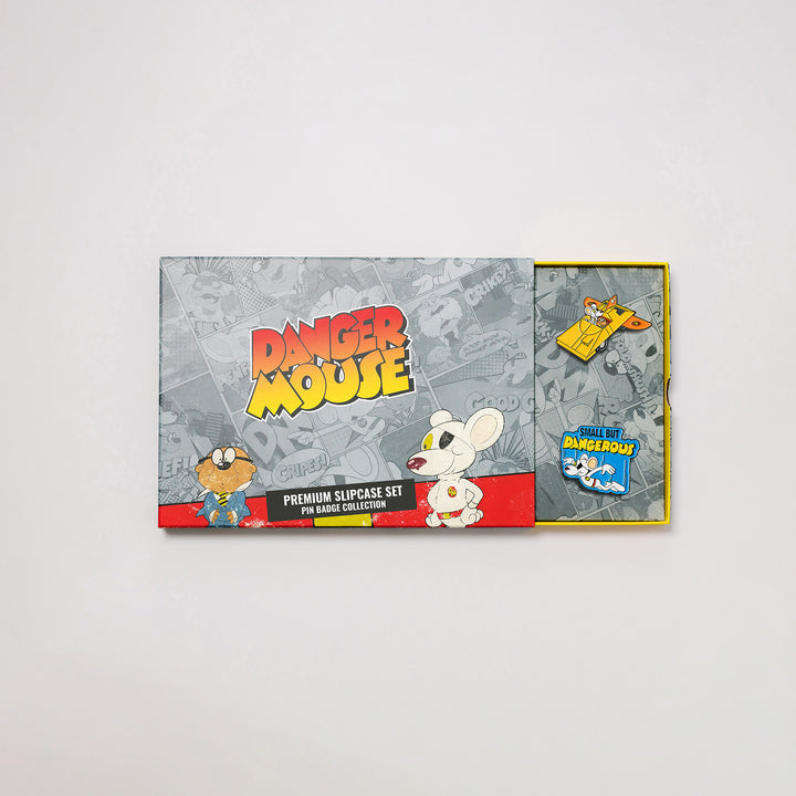 Danger Mouse pin badge box set with premium slipcase partially open showing enamel pins inside