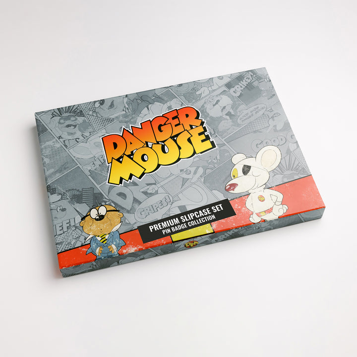 Danger Mouse pin badge box set closed showing front slipcase artwork with Danger Mouse and Penfold illustration