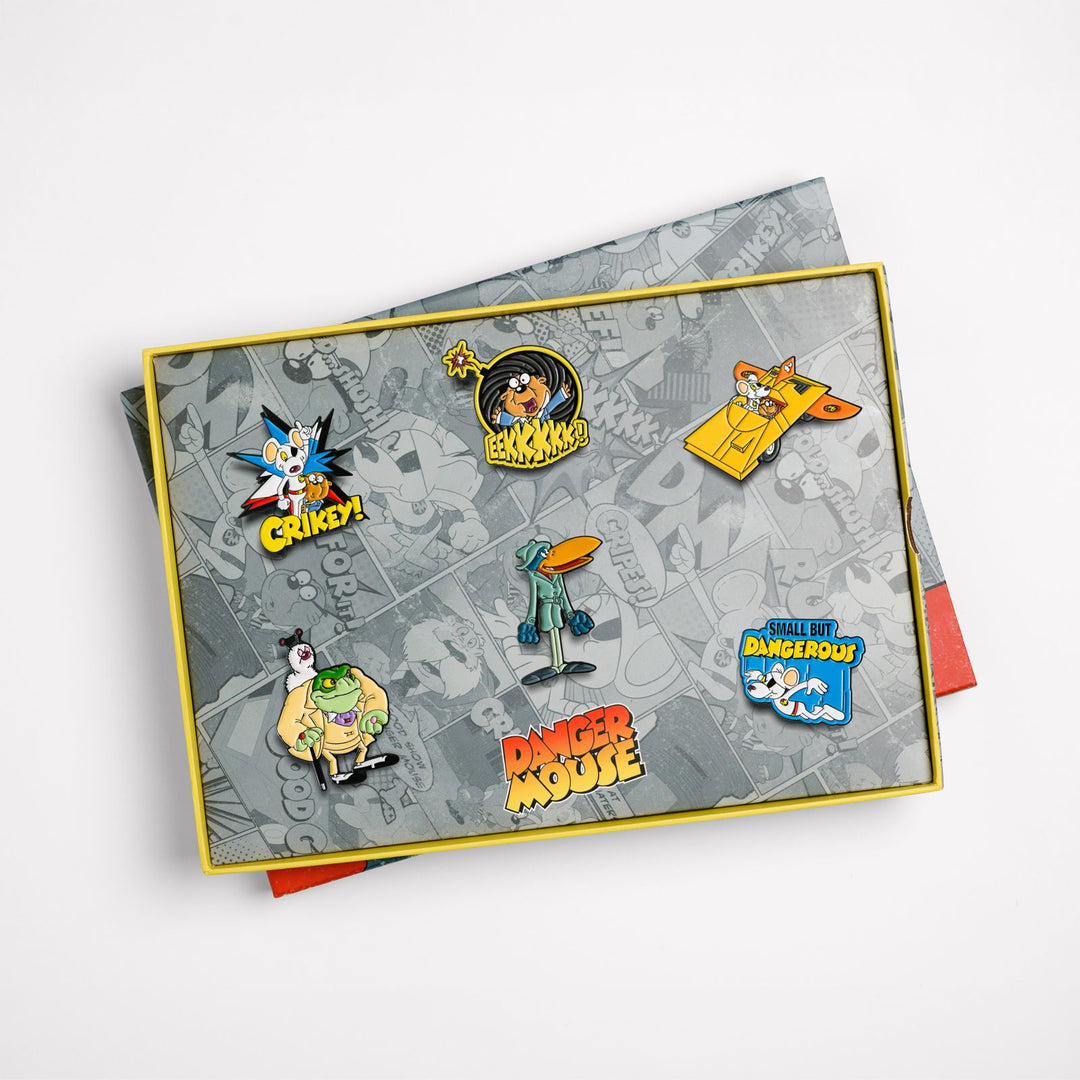 Open Danger Mouse box set tray displaying all 6 enamel pin badges in insert