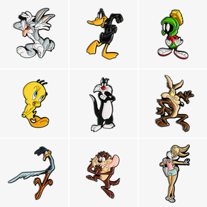 All 9 Looney Tunes enamel pin badges including Bugs Bunny, Daffy Duck, Marvin The Martian, Tweety, Sylvester The Cat, Wile E. Coyote, Taz, Road Runner and Lola Bunny.