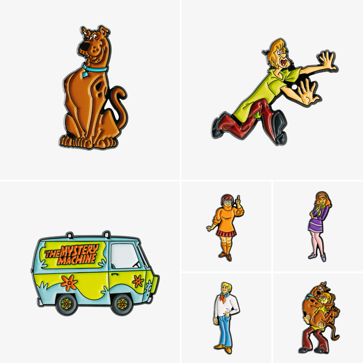 All 7 Scooby-Doo enamel pin badges including Scooby, Shaggy, Velma, Daphne, Fred and the Mystery Machine
