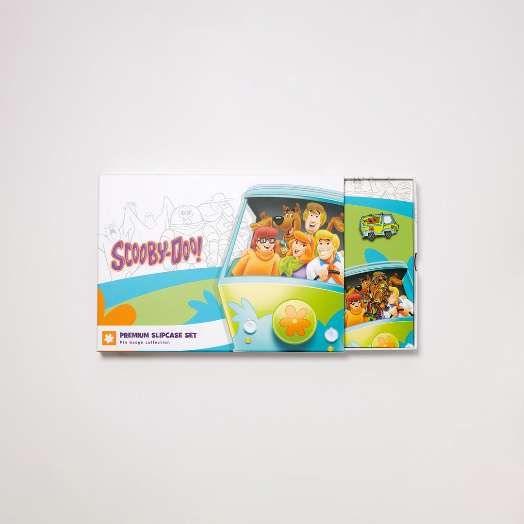 Scooby Doo pin badge box set with premium slipcase partially open showing enamel pins inside