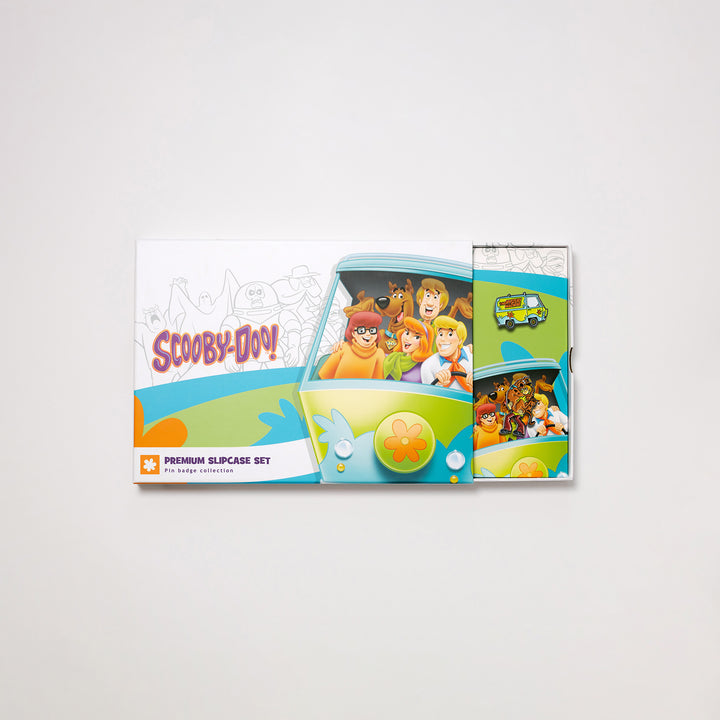 Scooby Doo pin badge box set with premium slipcase partially open showing enamel pins inside