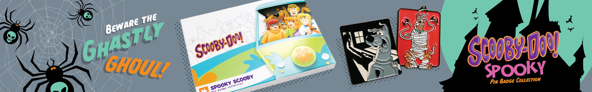 Spooky Scooby-Doo pin badge box set slip case and enamel pins, with the text Beware the Ghastly Ghoul.