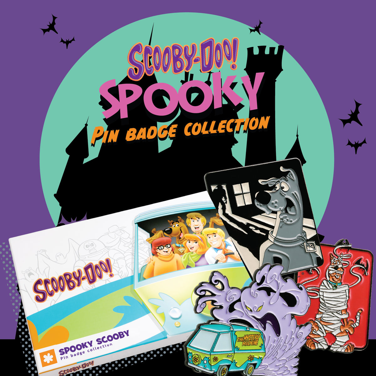 Spooky Scooby-Doo pin badge box set slip case showing three of the nine enamel pins.