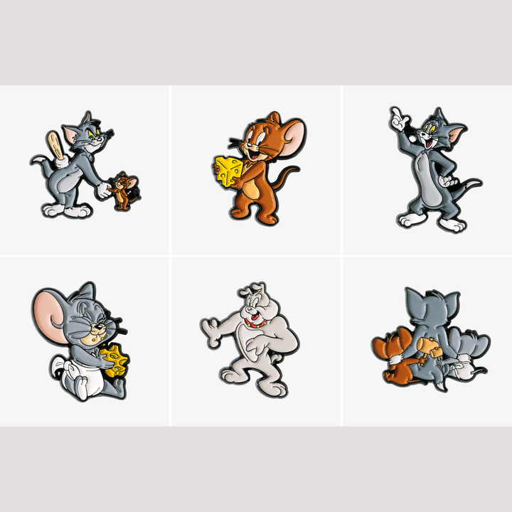 All 6 Tom and Jerry enamel pin badges including Tom, Jerry with cheese, Spike and Tuffy